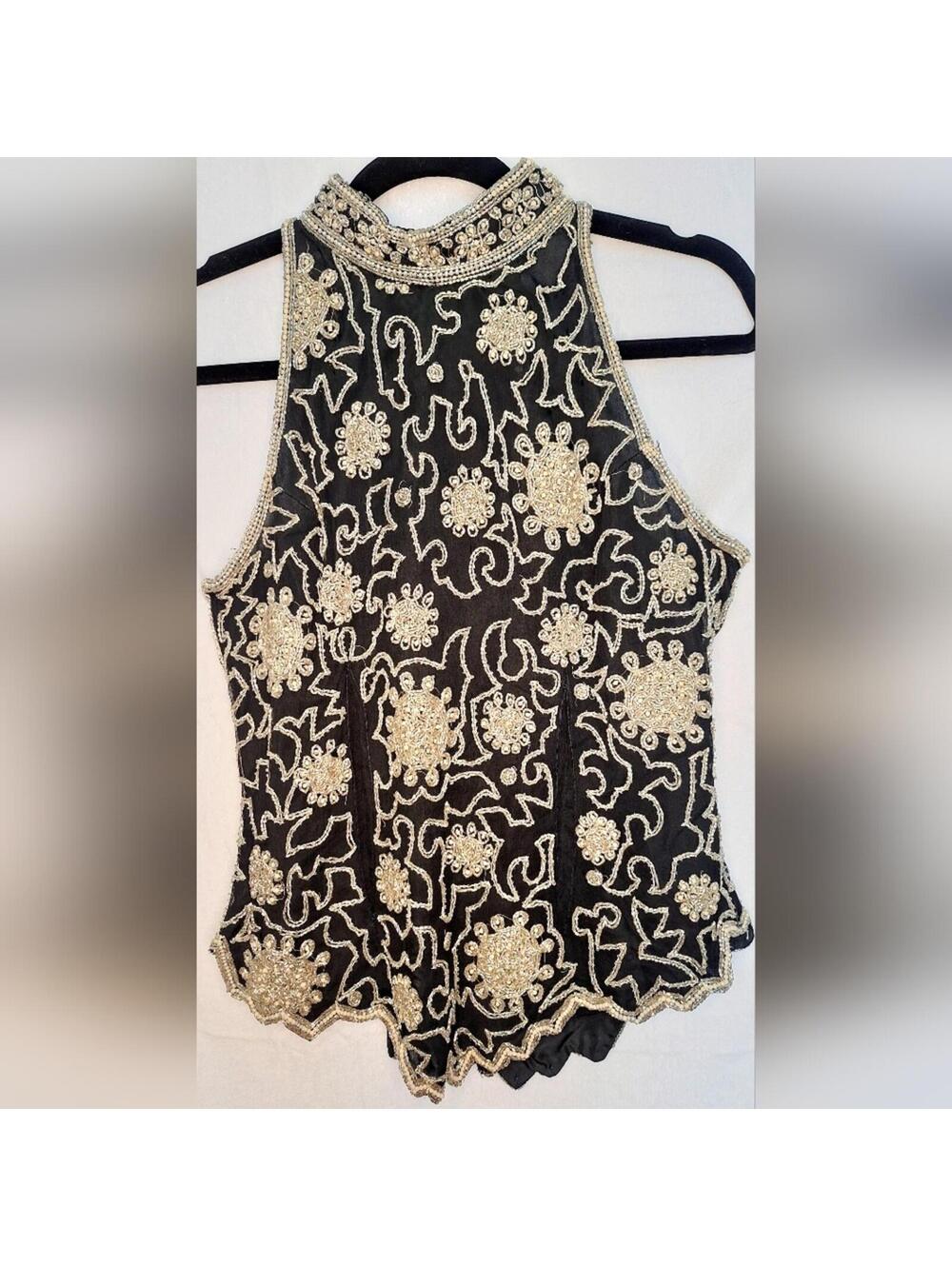 Vintage Laurence Kazar Black Silk Beaded Halter Top with Gold and Silver - L